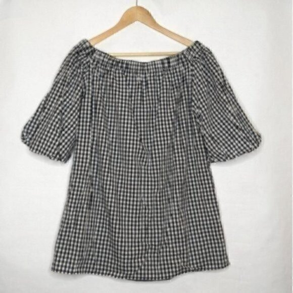 SOPRANO GINGHAM DRESS SMALL OFF SHOULDER BLACK WHITE TRAPEZE PUFF SLEEVES SWING - Picture 2 of 8